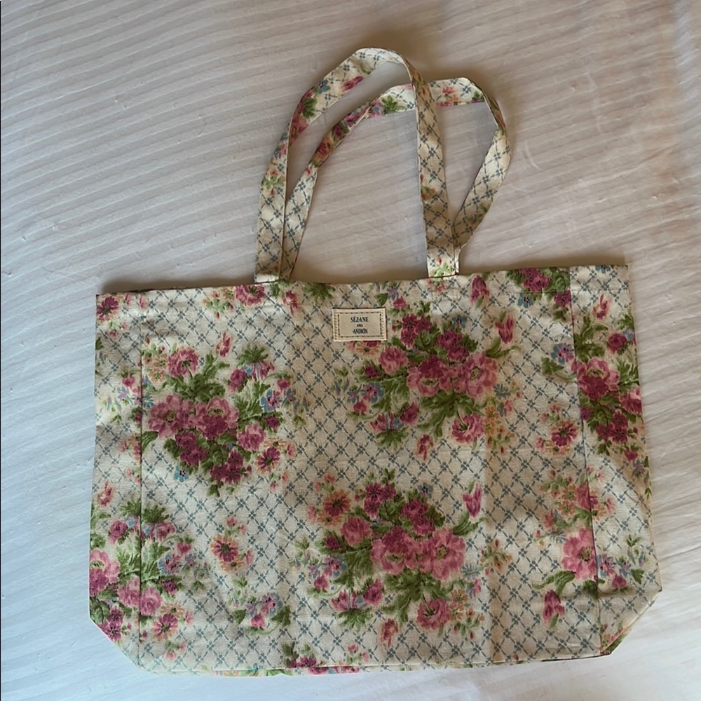 Sezane Cream and Pink Floral Tote Bag